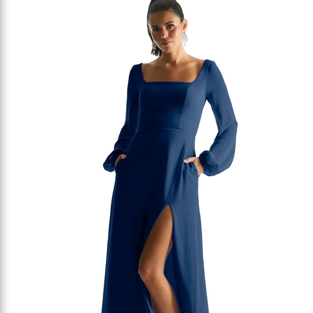 Mori Lee Blue Bishop Sleeve Gown with Slit